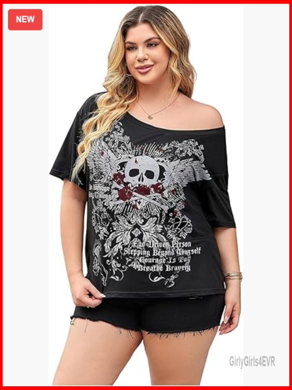 Plus Size Off Shoulder Graphic T Shirt Goth Y2k Retro Oversized Tee